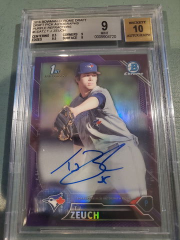 T.J. ZEUCH 2016 BOWMAN CHROME PURPLE REFRACTOR AUTO BGS 9/10 /250