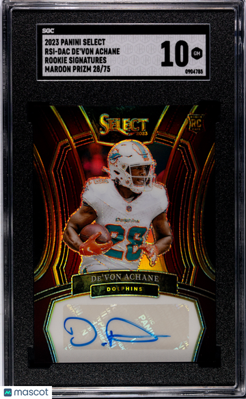 2023 Panini Select De'von Achane #RSI-DAC Rookie Sigs. Maroon Prizm SGC 10