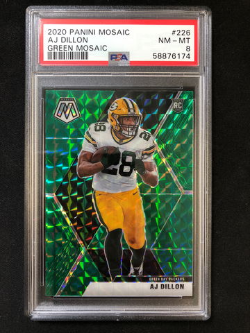 2020 Panini Mosaic - AJ Dillon - Rookie Green Mosaic Prizm PSA 8