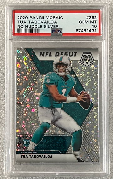 2020 Panini Mosaic Tua Tagovailoa RC #262 NFL Debut No Huddle Silver Prizm SP PSA 10 Gem Mint