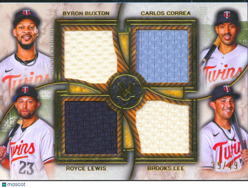 2025 Topps Museum Collection Byron Buxton Carlos Correa Brooks Lee Royce Lewis #FPQR-BCLK /49 Game-Used Memorabilia Quad