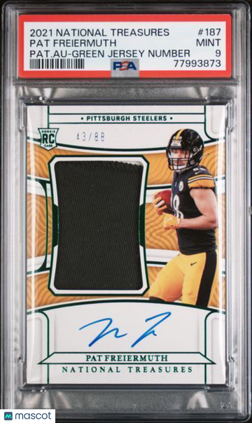 2021 Panini National Treasures Pat Freiermuth #187 Pat. Au Green Jersey Number PSA 9