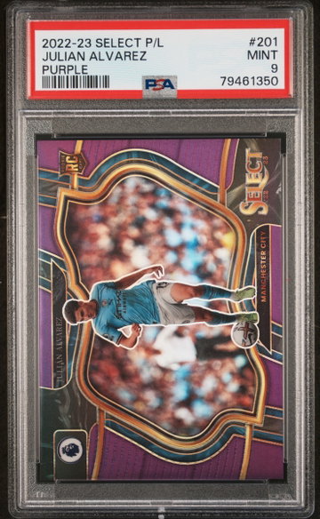 2022-23 PANINI SELECT PREMIER LEAGUE JULIAN ALVAREZ #/135 PURPLE #201 RC PSA 9