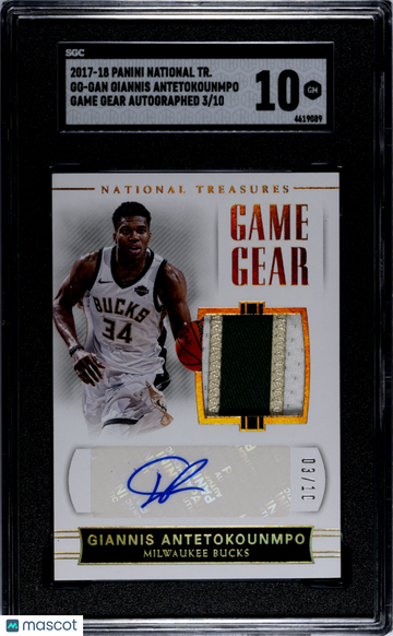 2017 Panini National Treasures Giannis Antetokounmpo #GG-GAN Game Gear Autograph SGC 10
