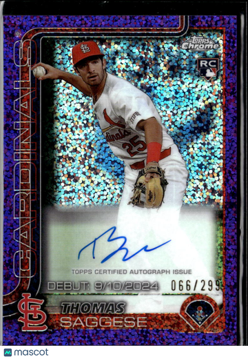 Thomas Saggese 2025 Topps Chrome Update RC Auto Purple Speckle Refractor St. Louis Cardinals
