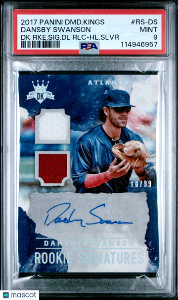2017 Panini Diamond Kings DK Rookie Signatures Dual Relics Dansby Swanson #RS-DS RKE. SIG. DL RLC HL. Slvr /99 PSA 9