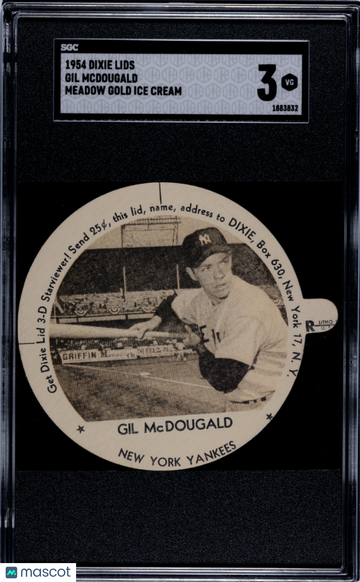 1954 Dixie Lids Gil Mcdougald Meadow Gold Ice Cream SGC 3