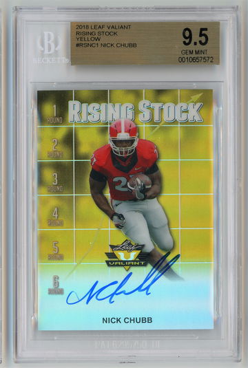 2018 Leaf Valiant Rising Stock Yellow Auto /10 Nick Chubb BGS 9.5 w 10 Autograph
