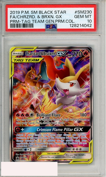 2019 POKEMON SM BSP FA CHRZRD BRXN  GX #SM230 PRM-TAG TEAM GEN PRM COL PSA 10