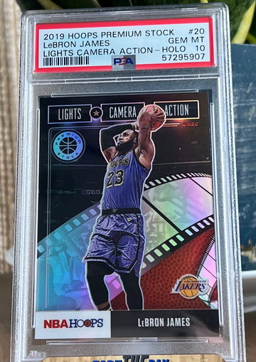 Lebron James 2019 Hoops Premium Stock Lights Camera Action Holo #20 PSA 10 Gem Mint   Low Pop!