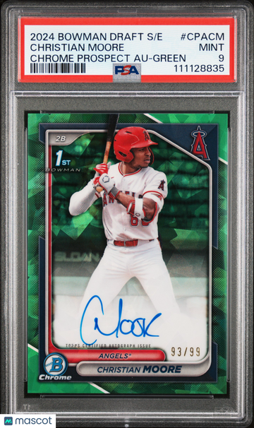 2024 Bowman Draft S/E Chrome Sapphire Prospect Autographs Christian Moore #CPACM Green /99 PSA 9
