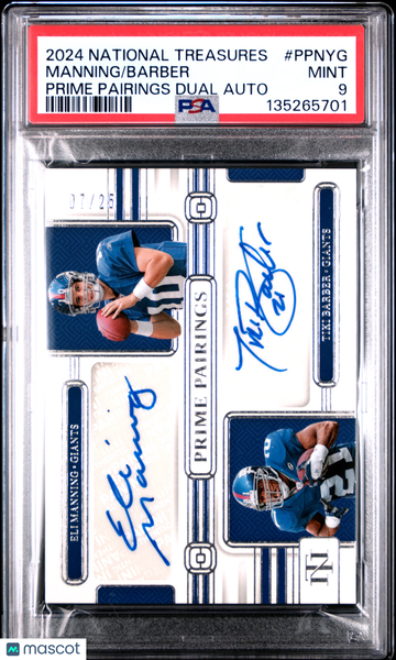 2024 Panini National Treasures Prime Pairings Dual Autographs Tiki Barber Eli Manning #PPNYG /25 Low Pop PSA 9
