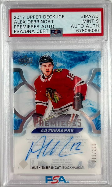 2017 Upper Deck Ice Alex DeBrincat Premieres Autograph #/299 Rookie Card PSA 9 Mint/Authentic Auto