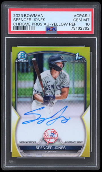 2023 Bowman Chrome Spencer Jones Prospect Autograph Yellow Refractor PSA 10