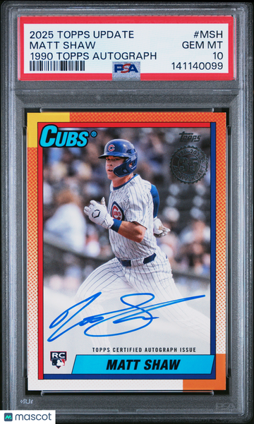 2025 Topps Update 1990 Topps Baseball Autographs Matt Shaw Rookie / #MSH PSA 10 Chicago Cubs
