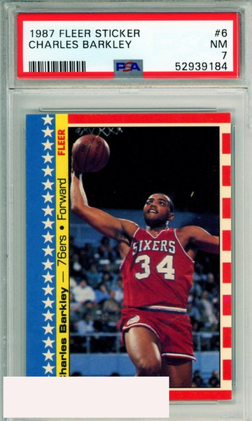 1987 FLEER STICKER CHARLES BARKLEY #6 HOF PHILADELPHIA 76ERS PSA 7 NM