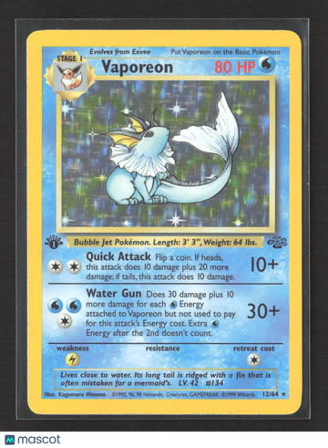 1999 Jungle Vaporeon Holo Rare 1st Edition #12/64