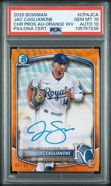 2025 Chrome Prospect Autographs Orange Wave Refractors Jac Caglianone #CPAJCA /25 PSA 10