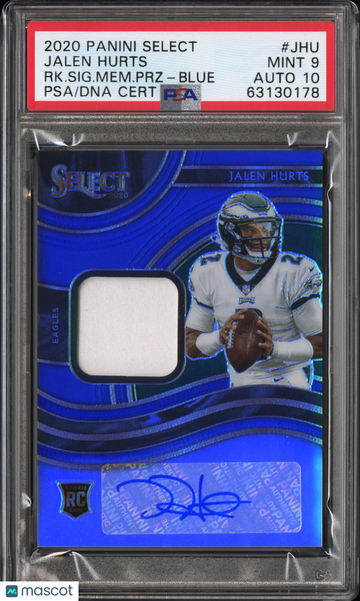 2020 Panini Select Rookie Signature Memorabilia Prizm Jalen Hurts #JHU RK. SIG. Mem. PRZ Blue PSA 9 Auto 10