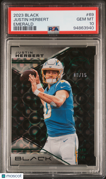 2023 Panini Black Justin Herbert #69 Emerald /15 PSA 10