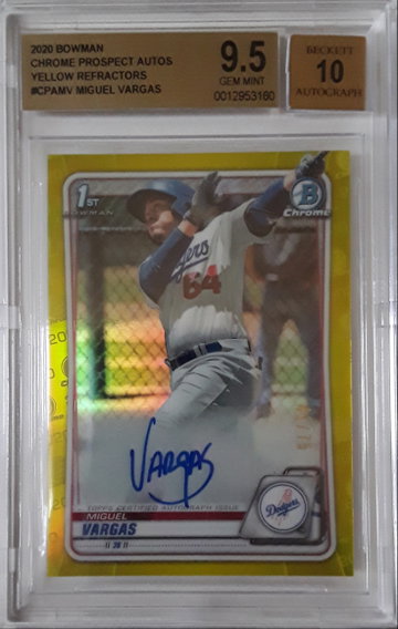Miguel Vargas 2020 Bowman Chrome Prospect Autograph Yellow Refractor #/75 , BGS 9.5 , 10 Auto