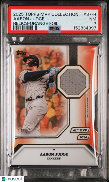 2025 Topps MLB MVP Collection Aaron Judge #37-R Relic Orange Foil /25 PSA 7