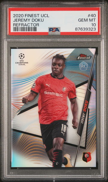 2020 TOPPS FINEST UEFA CHAMPIONS LEAGUE JEREMY DOKU REFRACTOR #40 RC PSA 10