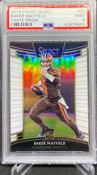2018 SELECT WHITE PRIZM BAKER MAYFIELD ROOKIE RC /75 PSA 9 MINT “ PERFECTLY CENTERED “ 