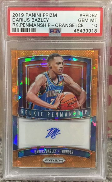 Darius Bazley 2019 Prizm Rookie Penmanship Orange Ice Auto PSA 10