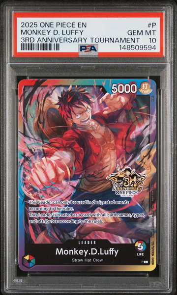 2025 One Piece Tournament Promo 3rd Anniversary 3 Brothers Pack Leader Monkey D. Luffy #P PSA 10