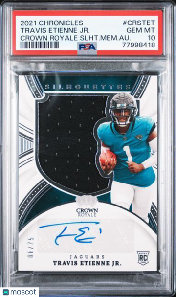 2021 Panini Chronicles Crown Royale Silhouette Memorabilia Autographs Travis Etienne JR. #CRSTET Slht. Mem. Au. PSA 10