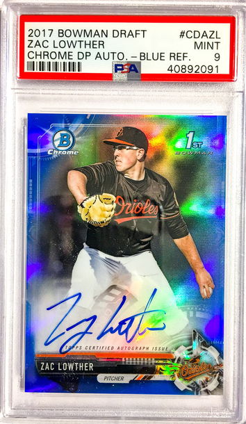 2017 Bowman Draft Zac Lowther Chrome Auto Blue Refractor PSA 9
