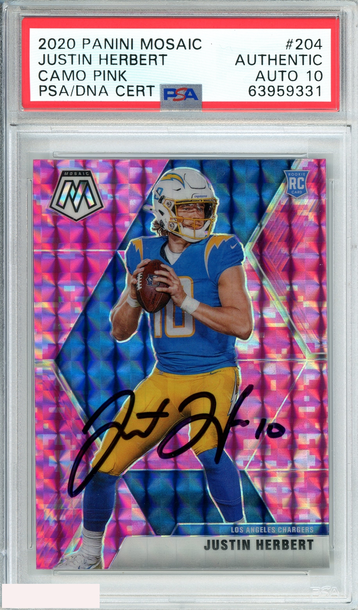 2020 PANINI MOSAIC JUSTIN HERBERT #204 CAMO PINK RC PSA AUTH AUTO GEM MT 10