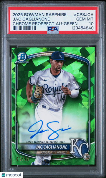 2025 Bowman Sapphire Edition Chrome Prospects Sapphire Autographs Jac Caglianone #CPSJCA Green /99 Nicely Centered Paral