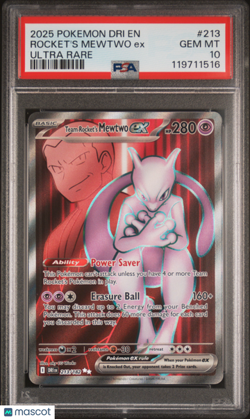 2025 Pokemon Destined Rivals Team Rocket's Mewtwo ex Ultra Rare PSA 10 #213/182