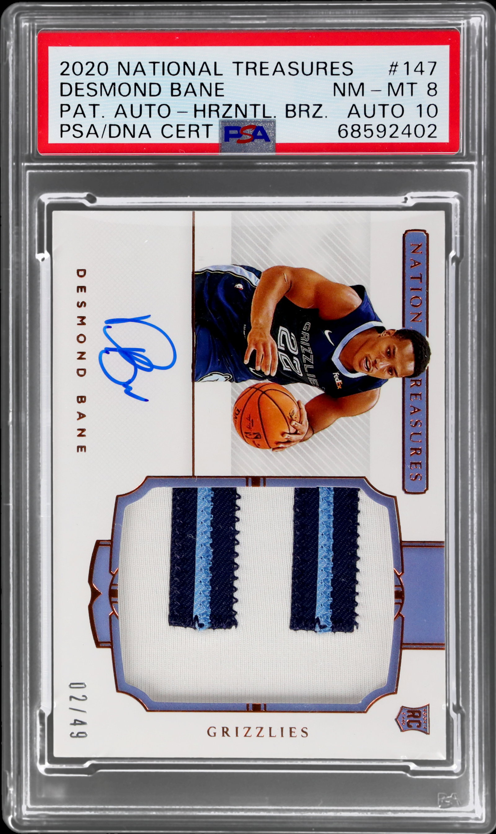 2020 National Treasures Desmond Bane Rookie Patch Autograph