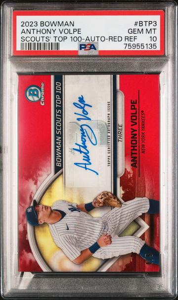 2023 Bowman Chrome Scouts Top 100 Autographs Red Refractors Anthony Volpe #BTP3 /5 PSA 10