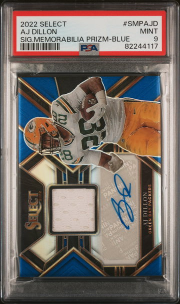 2022 Select Signature Memorabilia Prizm Blue Aj Dillon Auto /75 PSA 9