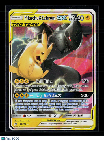 2019 Pokemon Team Up Pikachu & Zekrom GX Holo Rare Trading Card 33/181