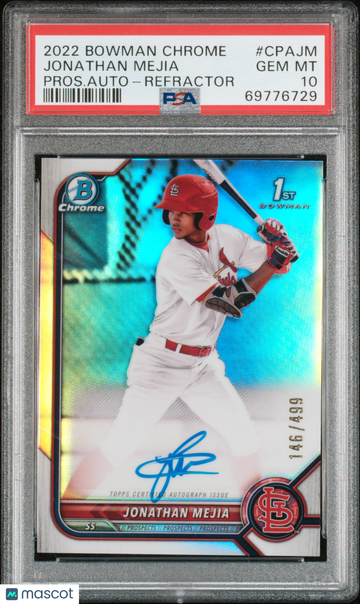 2022 Bowman Chrome Prospect Autographs Jonathan Mejia #CPAJM Pros. Auto Refractor /499 PSA 10
