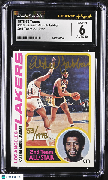 1978-79 Topps 2nd Team All-Star#110 /1978 Kareem Abdul-Jabbar Signed Card CGC 6 JSA Auto 10 Autographed