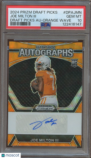 2024 Panini Prizm Draft Picks Draft Picks Autographs Joe Milton #DPAJMN Orange Wave Rookie PSA 10 Panini Authentic