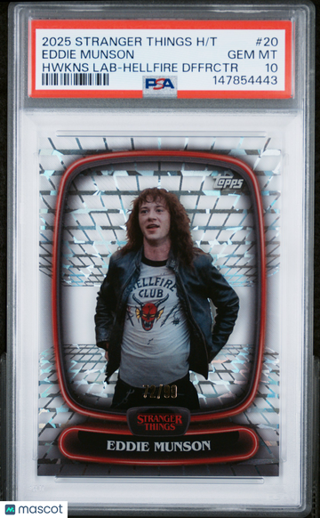 2025 Topps Stranger Things High Tek Eddie Munson #20 Hwkns Lab Hellfire Dffrctr PSA 10