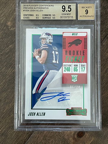 2018 panini contender Josh Allen 105A RC Rookie Ticket Preview 6/24 BGS 9.5 Auto TRUE GEM
