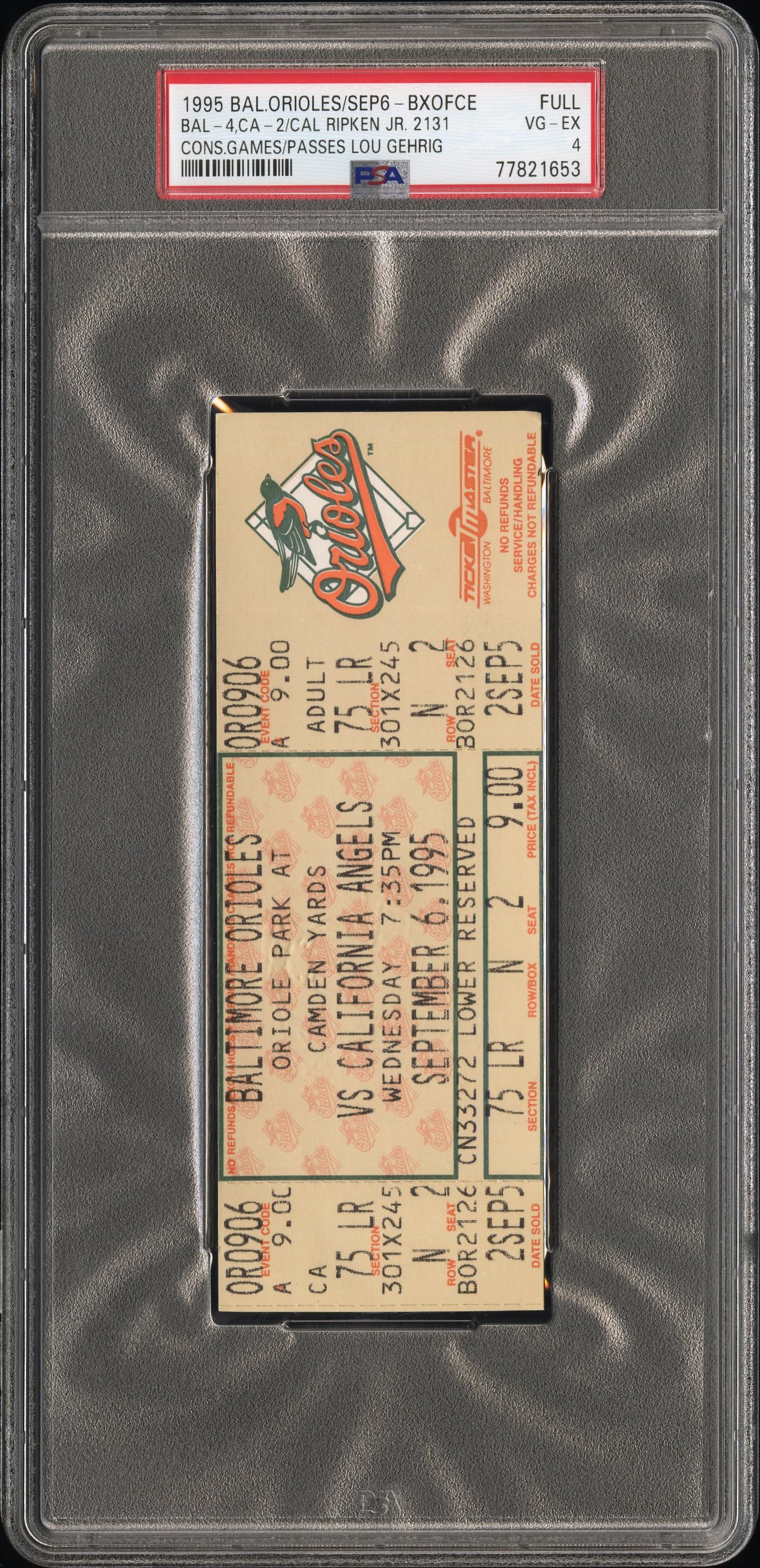Ripken Breaks Gehrigs Consecutive Games Steak Full Ticket PSA 4 - Historic!