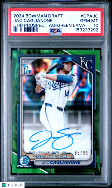 Graded 2024 Bowman Draft Chrome Prospect Autographs Green Lava Jac Caglianone Auto #CPAJC PSA 10 /99