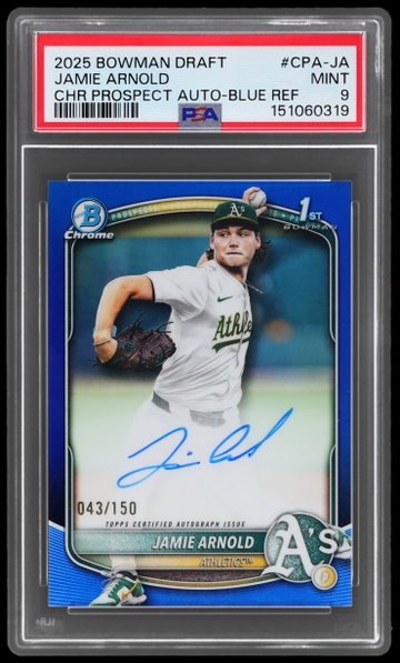 2025 Bowman Draft Jamie Arnold Chrome Prospect Autograph Blue Refractor PSA 9