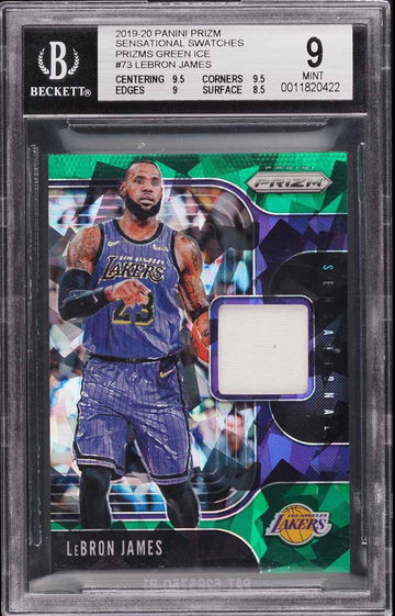LeBron James 2019-20 Panini Green Ice Prizm Sensational GAME WORN Jersey #'d 05/56 BGS 9 MINT