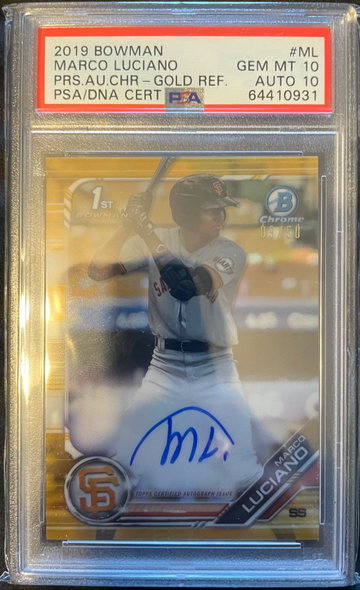 MARCO LUCIANO 2019 BOWMAN CHROME BASEBALL GOLD REFRACTOR AUTO /50 PSA 10/10 POP 2. IMPOSSIBLE GRADE