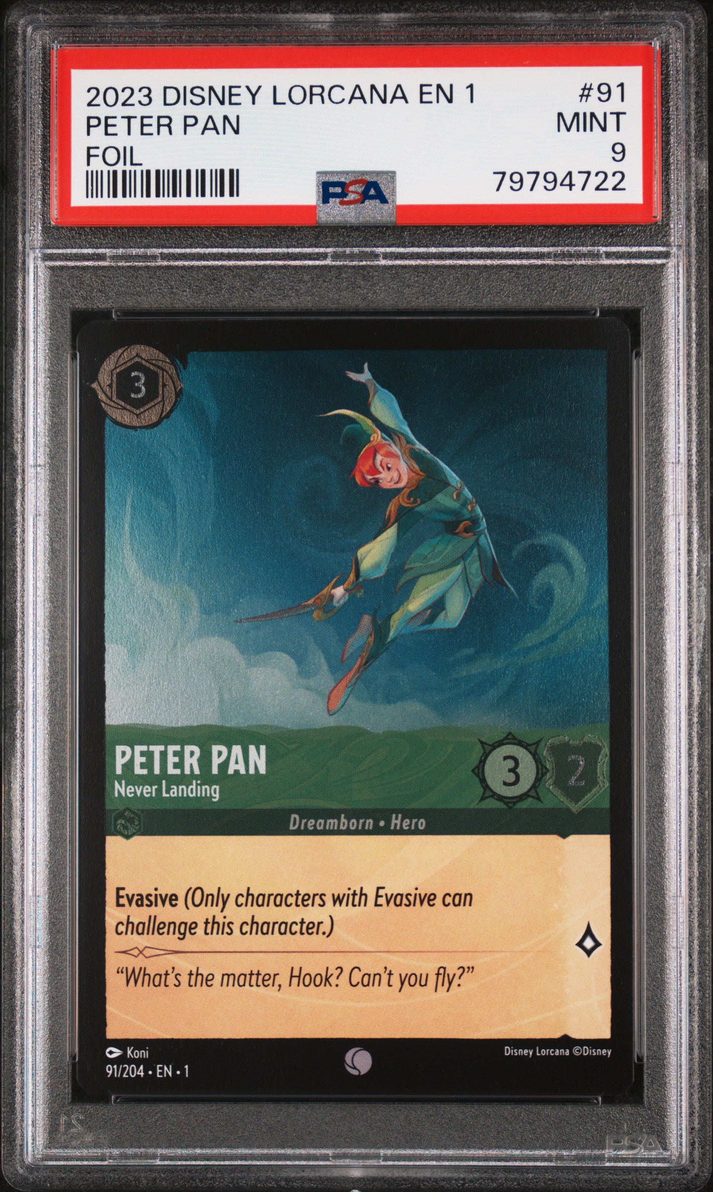 2023 Disney Lorcana EN 1 Peter Pan #91 Foil PSA 9